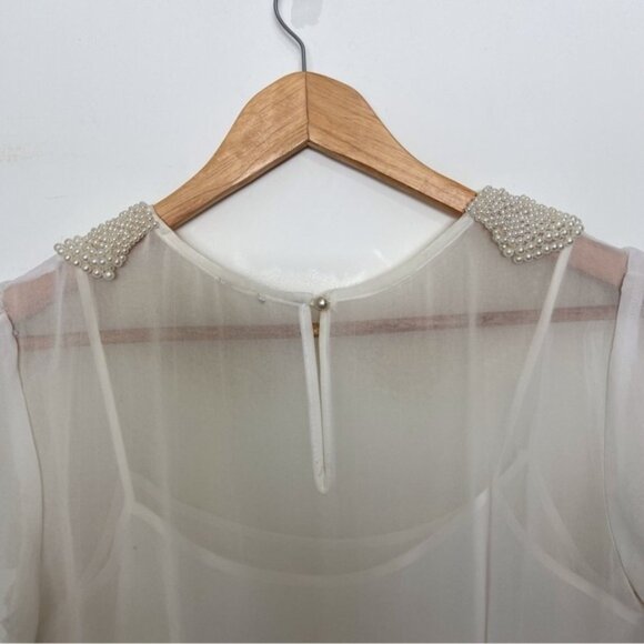 Amazing pearl white dress beaded embellishments off white short sleeves sheer M - Picture 9 of 13